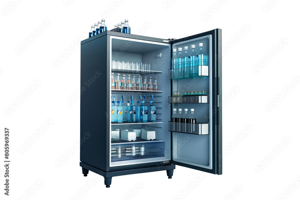 A refrigerator is opened and filled with bottles of water and other beverages. The bottles are arranged in various compartments and shelves, and the refrigerator is mostly empty A refrigerator is opened and filled with bottles of water and other beverages. The bottles are arranged in various compartments and shelves, and the refrigerator is mostly empty