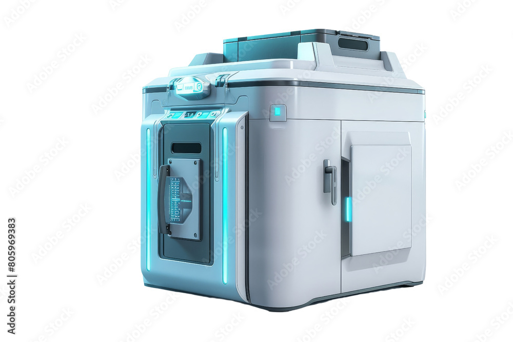 A white box with blue and green lights on it. The box is futuristic and has a metallic look A white box with blue and green lights on it. The box is futuristic and has a metallic look