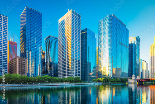 An urban skyline dominated by towering skyscrapers  their reflective surfaces shimmering in the early morning light.