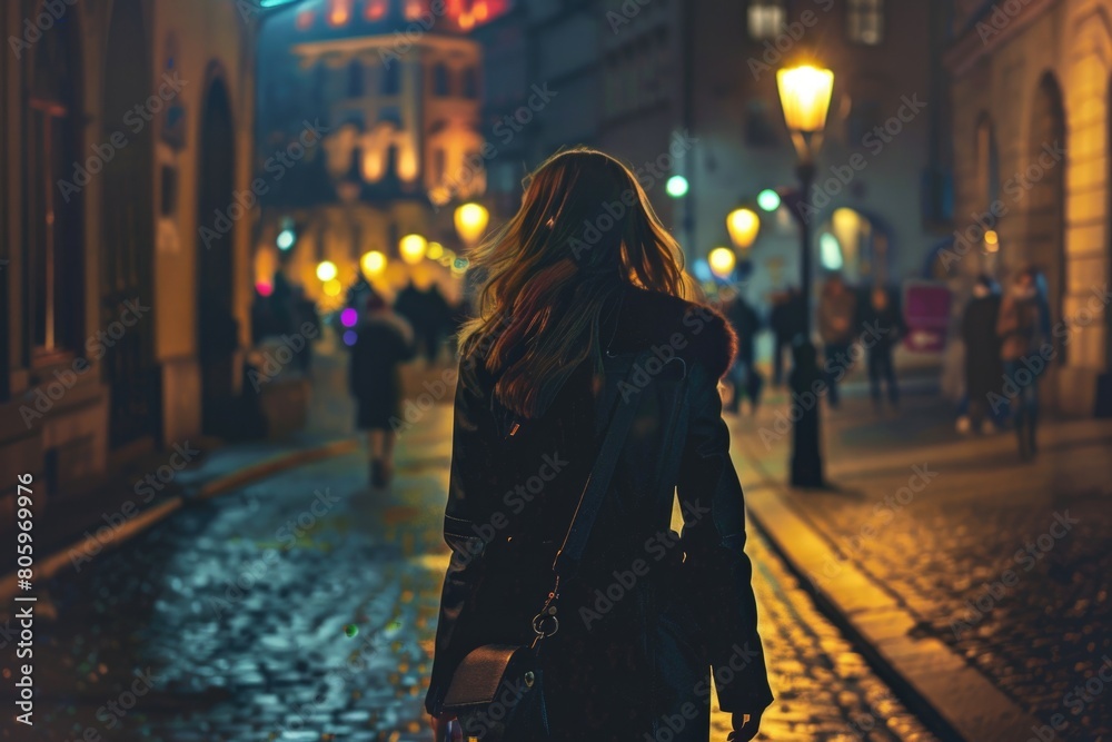 City Walk. Young Caucasian Woman Walking at Night on Urban City Street City Walk. Young Caucasian Woman Walking at Night on Urban City Street