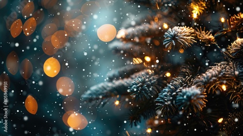 Christmas Tree Lighting. Illuminated Tree with Falling Snow in Winter Wonderland