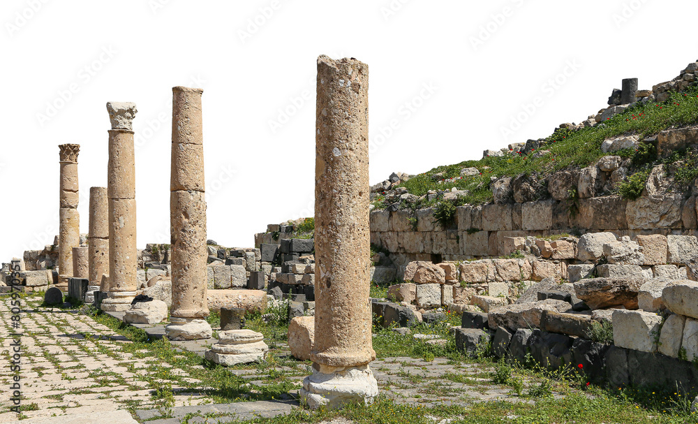 Roman ruins at Umm Qais (Umm Qays)--is a town in northern Jordan near the site of the ancient town of Gadara, Jordan. On white background