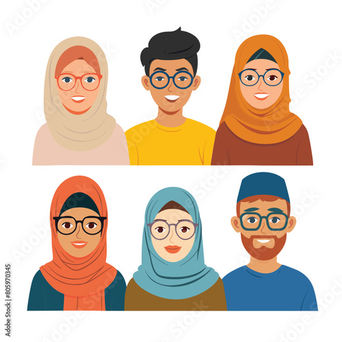 Six diverse Muslim characters illustrated, featuring men women traditional clothing. Hijabs, glasses, friendly smiles shown, reflecting modern diversity among Muslim youth. Vector graphics display photo