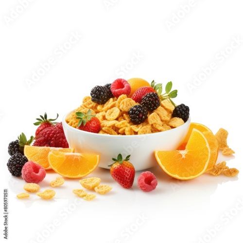 Honey corn flakes with fruits isolated on white background