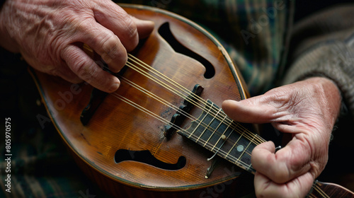 Strummed Mandolin A mandolin being gently strummed by skilled hands its pear-shaped body and curved bridge capturing the essence of folk music traditions. photo