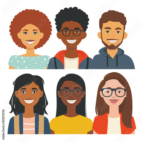 Young diverse group people smiling faces portrait. Multiracial friends, male female characters cartoon vector illustration. Happy ethnic group, office team, university students diversity inclusion