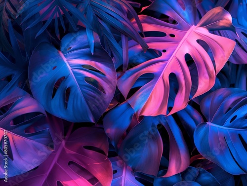 Lush tropical foliage with vibrant neon blue and pink tones, ideal for modern and artistic concepts.