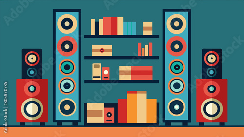 The shelves are lined with a mix of old and new speakers creating a unique visual aesthetic that draws you in. Vector illustration