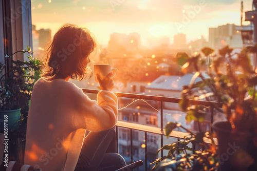 A Caucasian woman enjoying a cup of coffee on the balcony of her urban loft, savoring the tranquility of the morning sky. © VisualProduction
