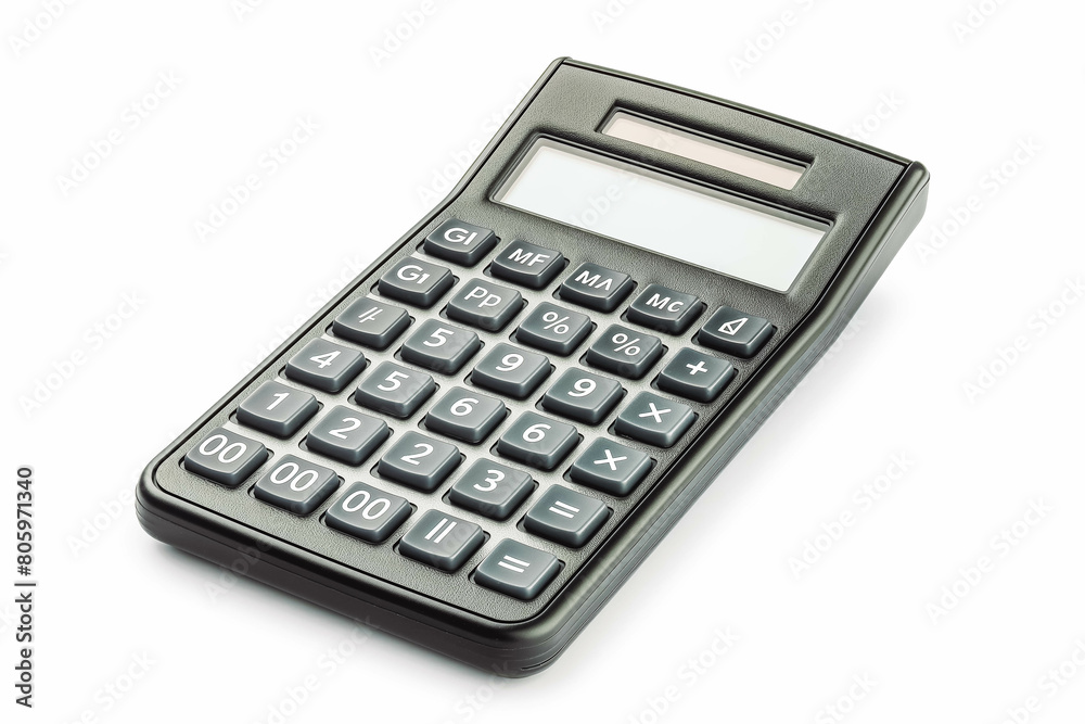 A classic pocket calculator with a black case and silver buttons, displaying a random number, resting on a white background. A classic pocket calculator with a black case and silver buttons, displaying a random number, resting on a white background.