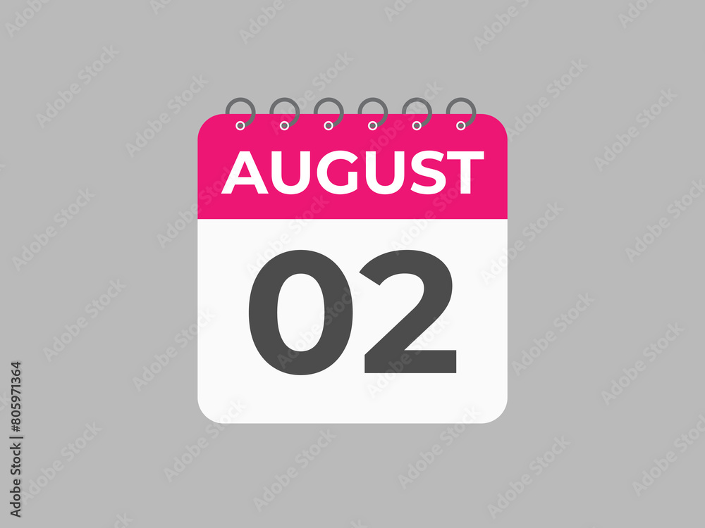August 2 calendar reminder. 2 August daily calendar icon template. Calendar 2 August icon Design template. Vector illustration
August 2 calendar reminder. 2 August daily calendar icon template. Calendar 2 August icon Design template. Vector illustration
