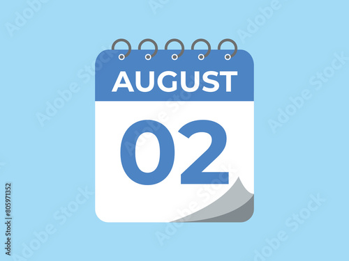 August 2 calendar reminder. 2 August daily calendar icon template. Calendar 2 August icon Design template. Vector illustration

