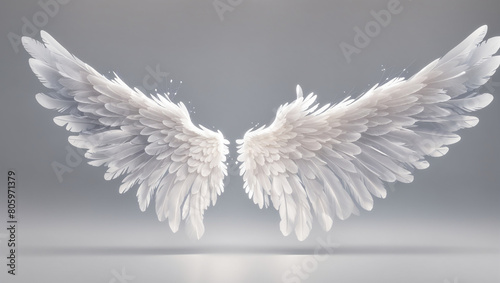 A pair of white angel wings with white feathers.