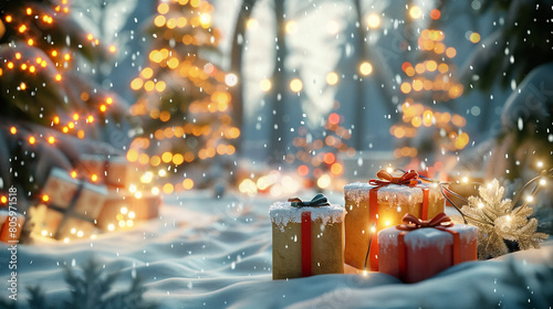 Snowy holidays with bright gifts under Christmas trees, magic of Christmas