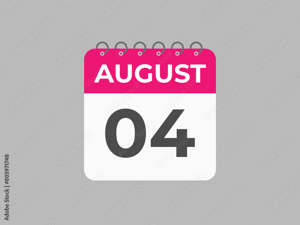 August 4 calendar reminder. 4 August daily calendar icon template. Calendar 4 August icon Design template. Vector illustration
August 4 calendar reminder. 4 August daily calendar icon template. Calendar 4 August icon Design template. Vector illustration