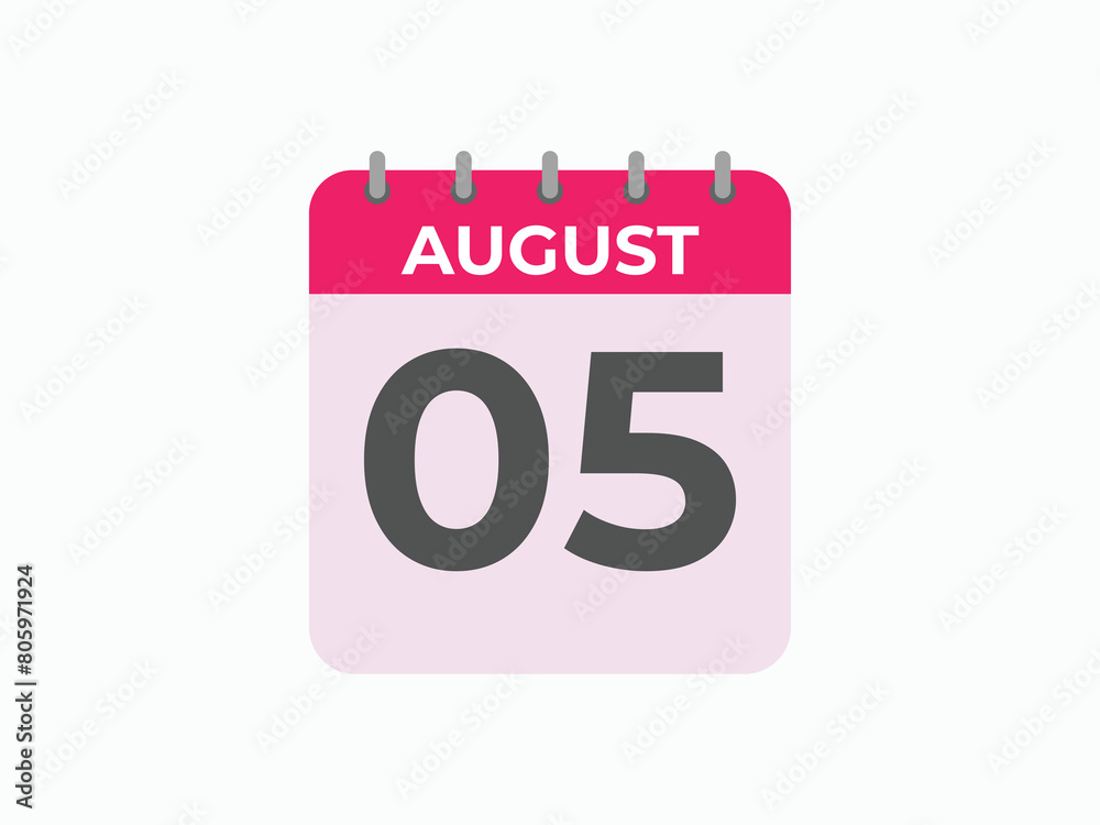 August 5 calendar reminder. 5 August daily calendar icon template. Calendar 5 August icon Design template. Vector illustration
August 5 calendar reminder. 5 August daily calendar icon template. Calendar 5 August icon Design template. Vector illustration