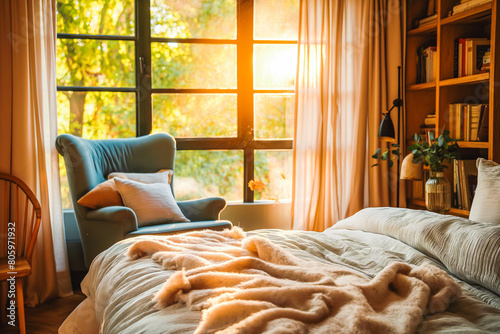 A cozy bedroom with a plush bed, fluffy pillows, and a reading nook with a comfortable chair by a window with a sunrise view.