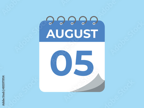August 5 calendar reminder. 5 August daily calendar icon template. Calendar 5 August icon Design template. Vector illustration
