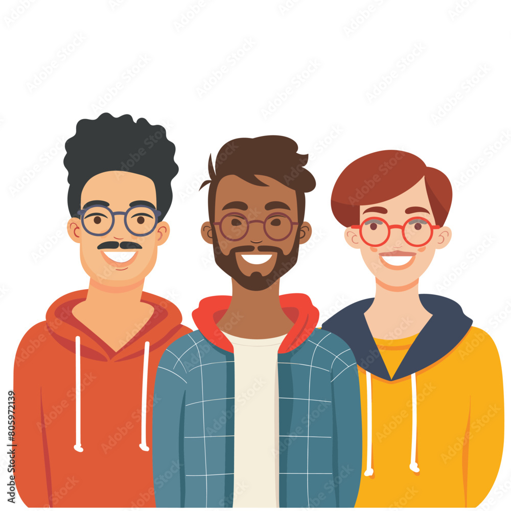 Three young men, diverse group, friends smiling, casual attire, eyeglasses, friendship concept, isolated white background. Multiracial, cheerful, happy expressions, unity diversity, modern youth