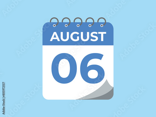 August 6 calendar reminder. 6 August daily calendar icon template. Calendar 6 August icon Design template. Vector illustration
