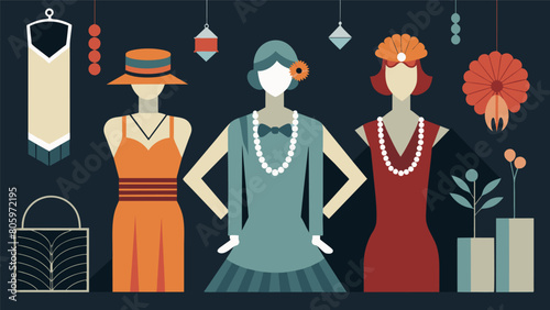 A section showcasing the fashion of the Roaring Twenties with flapper dresses and beaded headbands sourced from secondhand shops.. Vector illustration