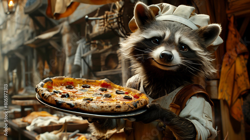A raccoon dressed as chef wearing a chefs hat and holding pizza photo