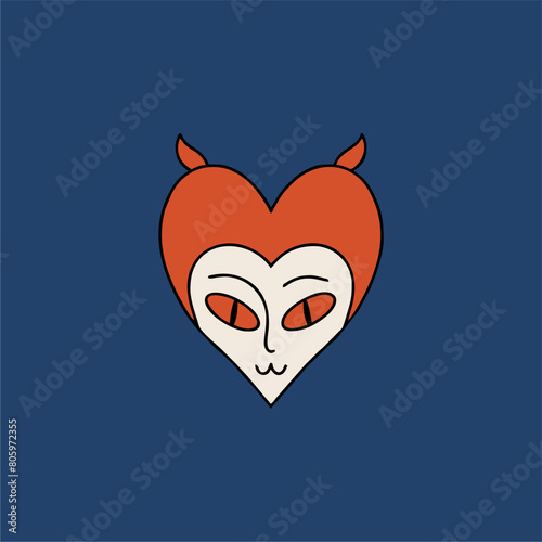Retro psychedelic poster from the 70s-60s. Heart with a face, devil with horns. Bright vintage vector illustration. Hippie Boho style, cartoon.