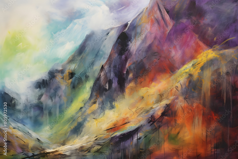 mystical mountain beside rocky outcrop. abstract landscape art, painting background, wallpaper