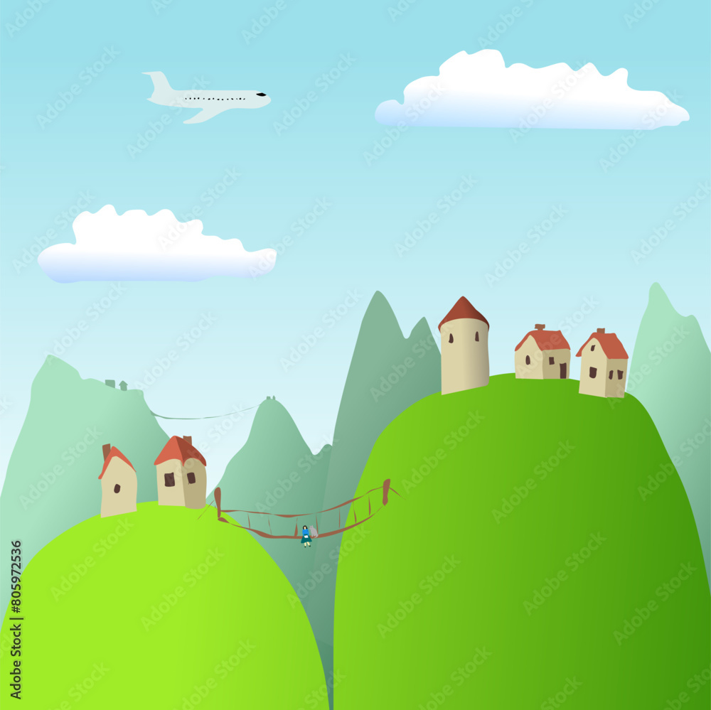 Fototapeta premium Green grassy mountains on the background of a mountain landscape and small houses in the distance. Vector illustration, mountain everyday life, silence, clean air and cartoon landscape design. Some