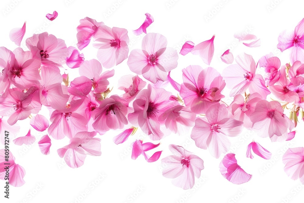Pink Flowers Isolated. Floral Border with Levitating Pink Flower Petals and Design Object