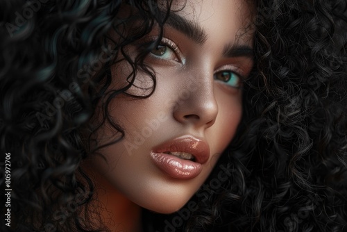 Woman with Long Curly Black Hair on Dramatic Background