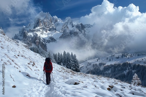 Person Cold. Hiking in Snow near San Pellegrino Pass, Dolomites, Trentino-Alto Adige, Italy photo