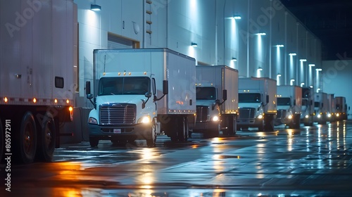 A row of white trucks is parked outside a warehouse. White freight semi trucks loading or unloading. Road cargo transportation