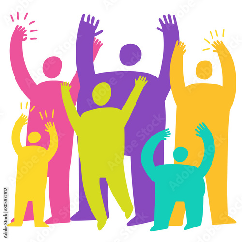 A large crowd of people with their hands raised in the air. Volunteer Day vector illustration banner