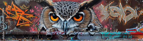 Infuse the mystique of an owl perched on a graffiti-covered city wall