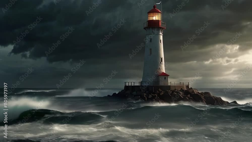 Lighthouse Standing Strong Against a Stormy Sea and Dark Sky Lighthouse Standing Strong Against a Stormy Sea and Dark Sky