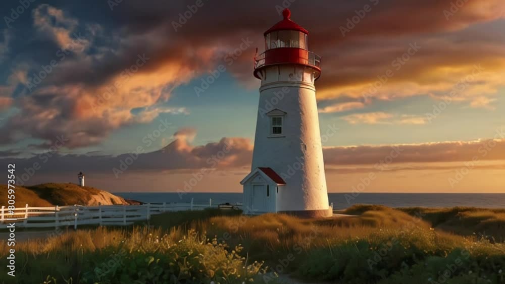 Picturesque Lighthouse on a Hill Overlooking the Ocean at Sunset Picturesque Lighthouse on a Hill Overlooking the Ocean at Sunset