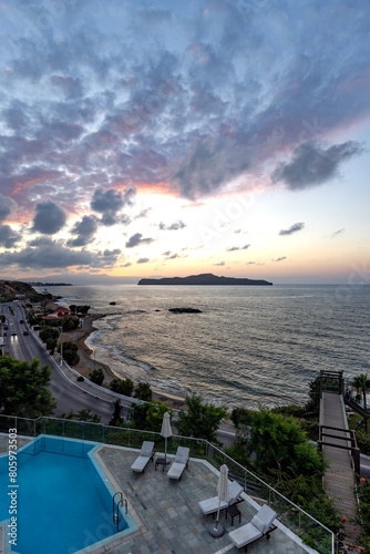 Sunset View Over the Aegean Sea in Crete, Greece
