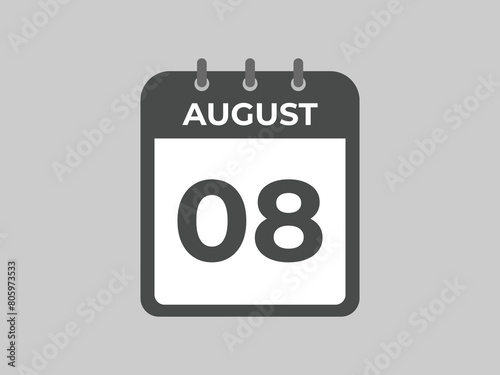 August 8 calendar reminder. 8 August daily calendar icon template. Calendar 8 August icon Design template. Vector illustration
