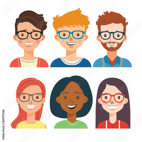 Diverse group portraits, smiling teens wearing glasses, cartoon friends glasses. Multicultural young people, cheerful students, happy faces illustration. Six happy cartoon characters, diversity