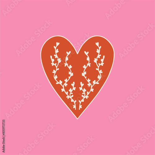 Retro psychedelic poster from the 70s-60s. Red heart with flowers. Bright vintage vector illustration. Hippie Boho style, cartoon.