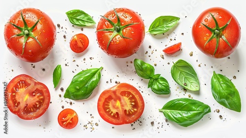  tomatoes and basil leaves on a white surface. 