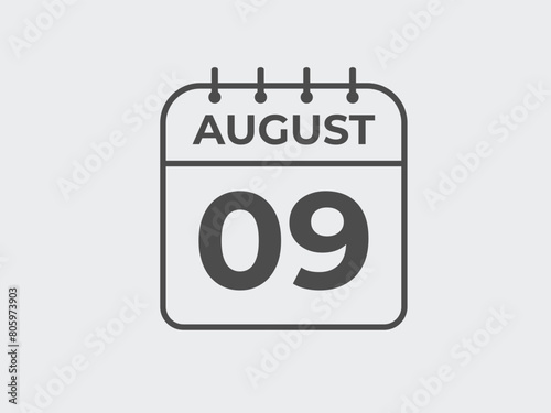 August 9 calendar reminder. 9 August daily calendar icon template. Calendar 9 August icon Design template. Vector illustration

