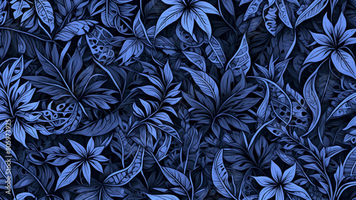 Blue tropical leaves seamless floral background
