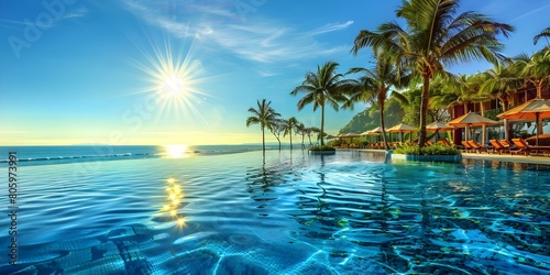 Luxury Beach Resort  A Paradise of Palm Trees  Swimming Pool  and Sunshine. Concept Beach Resort  Palm Trees  Swimming Pool  Sunshine  Luxury