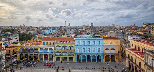 Canvas Print aerial view of Old Havana Plaza Vieja with colorful tropical buildings, Havana,