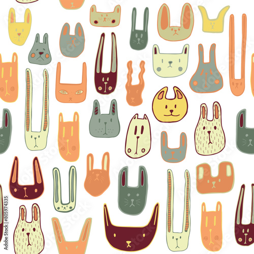Color cute muzzles of cats, mice, rabbits. Seamless pattern with little animals. Cute baby pattern with fluffies. Vector illustration.