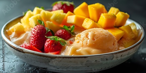 Vibrant vegan fruit sorbet in a ceramic bowl with mango, strawberry, and pineapple. Concept Vegan Desserts, Colorful Bowls, Plant-Based Ice Cream, Fresh Fruit, Healthy Treats