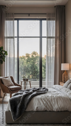 Simplicity in Style  Modern Bedroom with Clean Lines and a Window Adorned with Simple Curtains.