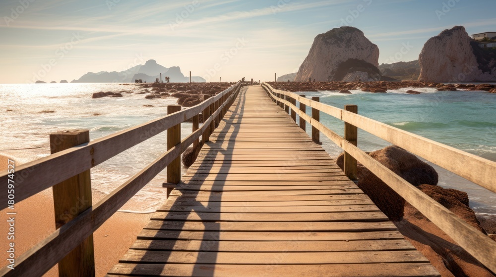 wooden pier on the beach on a sunny day.AI generated image